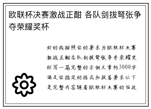 欧联杯决赛激战正酣 各队剑拔弩张争夺荣耀奖杯