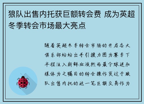 狼队出售内托获巨额转会费 成为英超冬季转会市场最大亮点